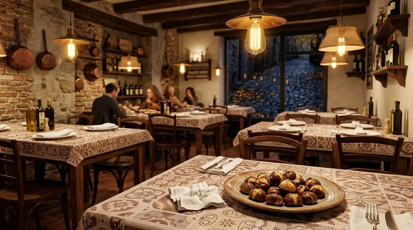 Tavola di trattoria apparecchiata con coprimacchia decorati in carta goffrata